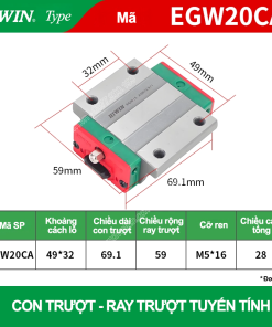 Con trượt vuông tiêu chuẩn EGW20CA (Bi trượt vuông Hiwin type)