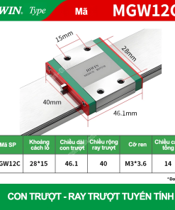 Con trượt vuông mini bản rộng MGW12C (Bi trượt vuông - Hiwin type)