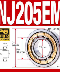 Vòng bi đũa - bạc đạn đũa trụ NJ205EM (Chặn trục 1 chiều - lồng cách bi Đồng - kt 25*52*15 mm)