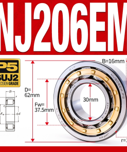 Vòng bi đũa - bạc đạn đũa trụ NJ206EM (Chặn trục 1 chiều - lồng cách bi Đồng - kt 30*62*16 mm)